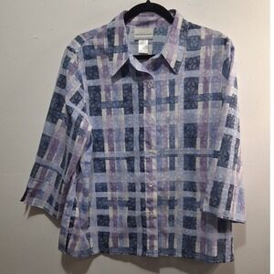 Alfred Dunner Size PL Blue Purple Plaid 3/4 Sleeve Button Up Career Blouse Top